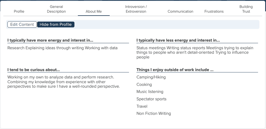 Screenshot of About me page on HBDI profile