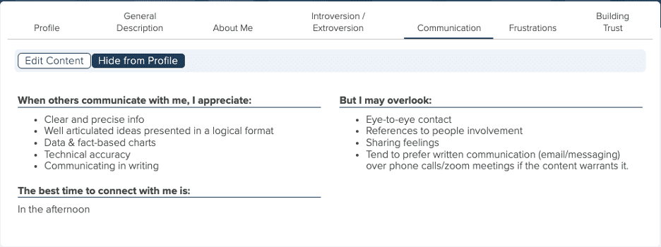 Screenshot of Communication page on HBDI profile