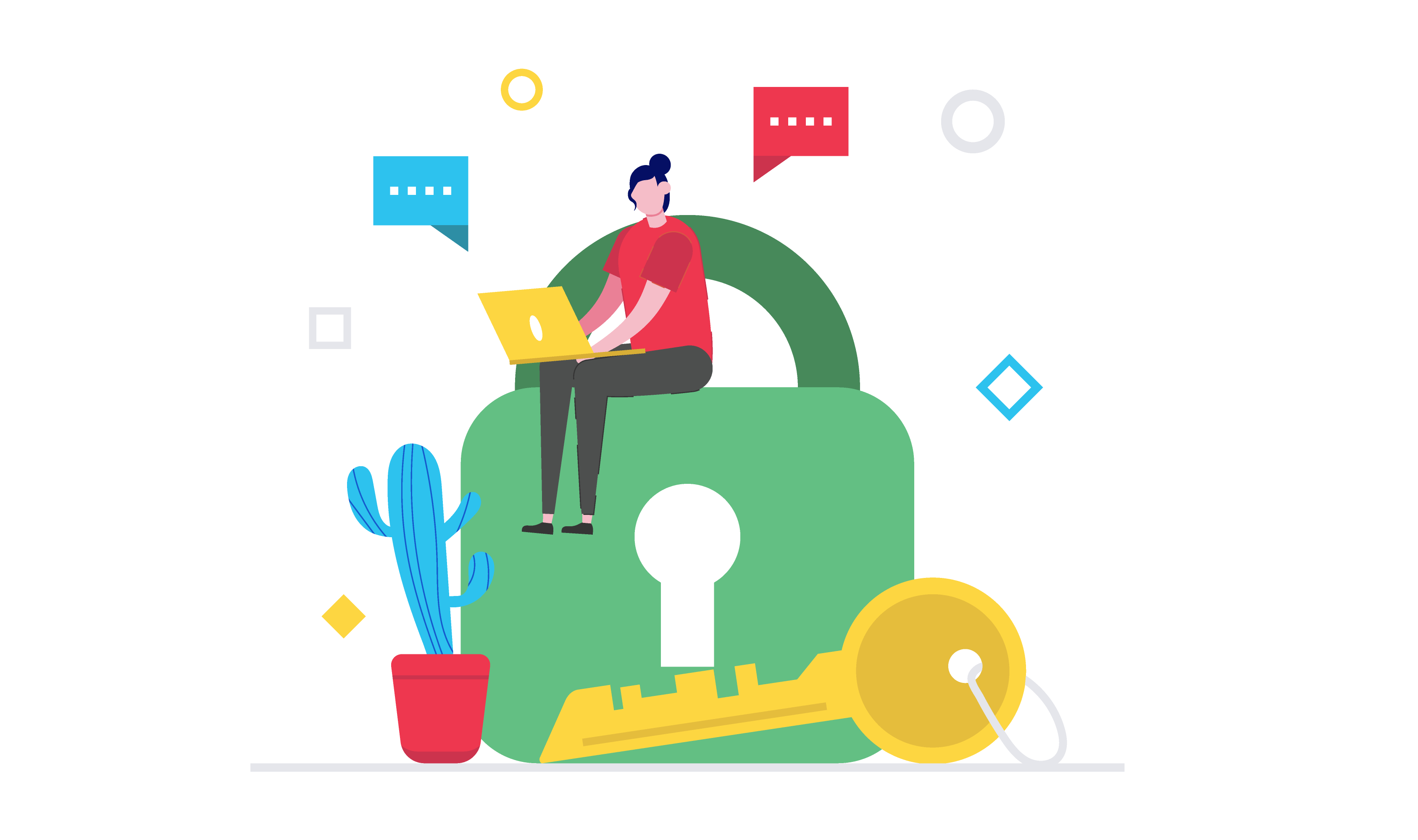 Illustration of lock and key with person on laptop sitting on top