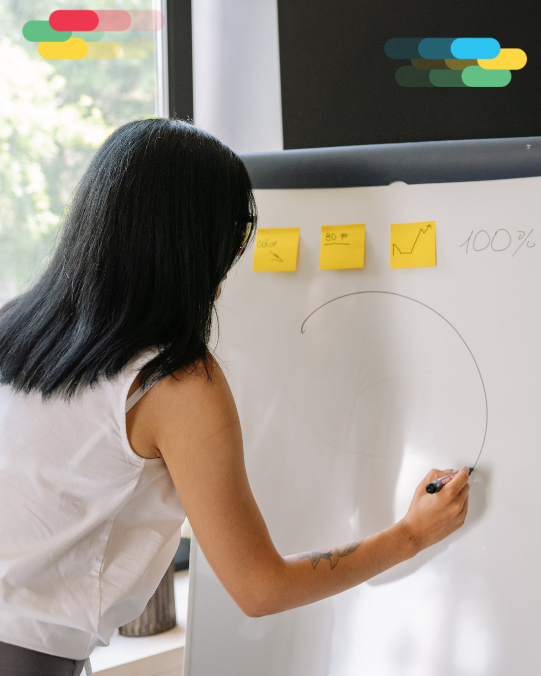 A woman on a flip chart designing a new structure.