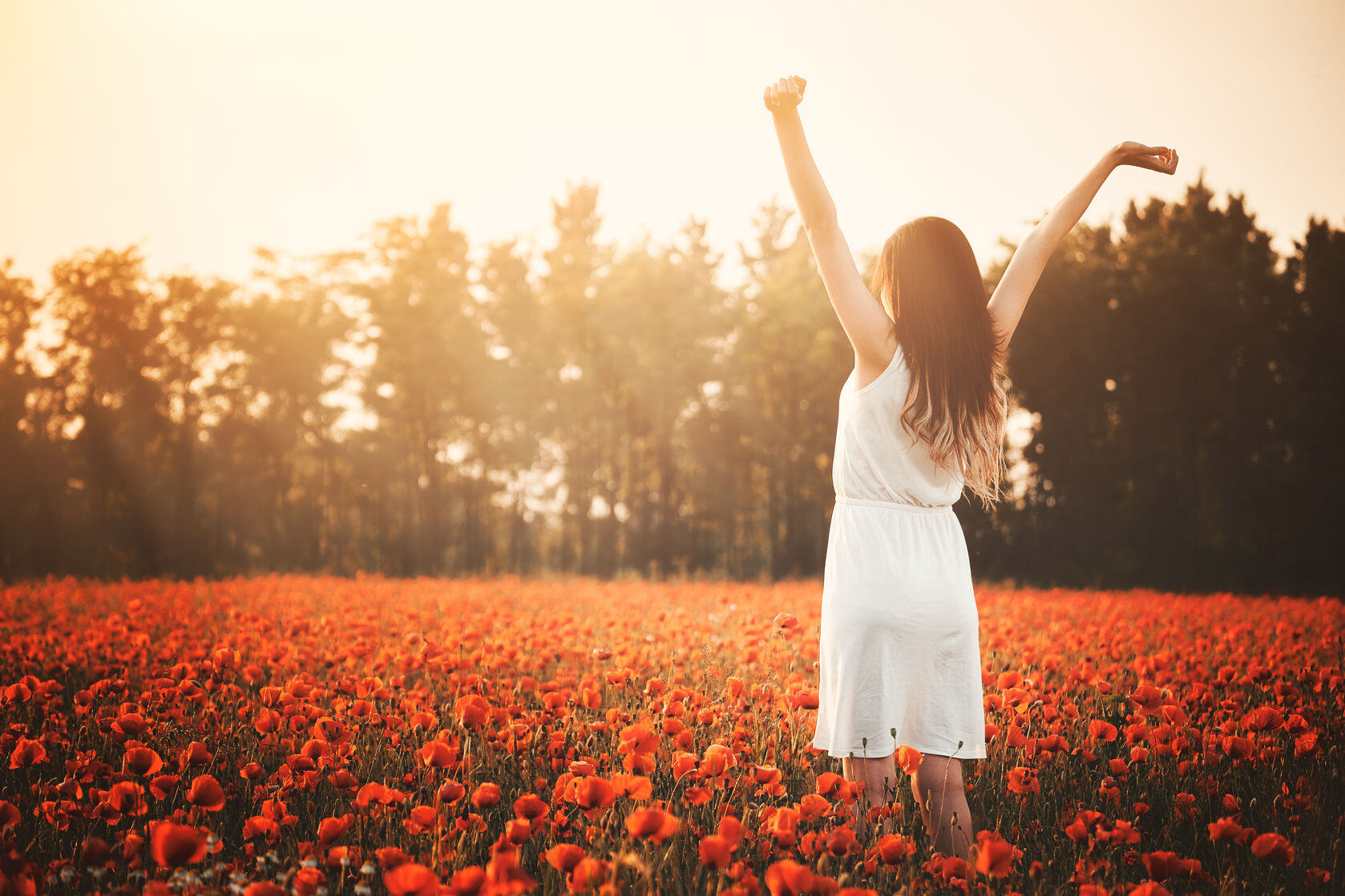 woman facing sun with arms held high in celebratory pose. she is standing in a field of flowers