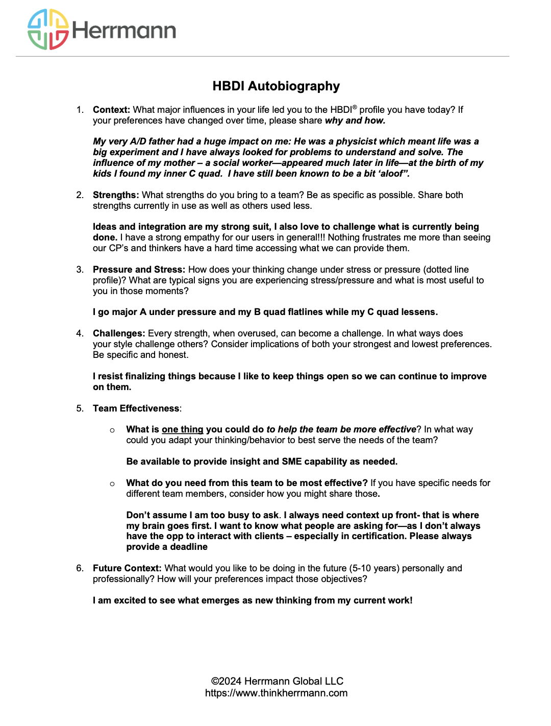 Sample HBDI Autobiography Activity Prework